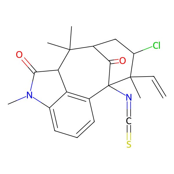 2D Structure of 4-Chloro-3-ethenyl-2-isothiocyanato-3,7,7,10-tetramethyl-10-azatetracyclo[6.6.1.12,6.011,15]hexadeca-1(15),11,13-triene-9,16-dione