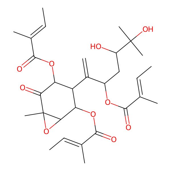 2D Structure of [(1R,2R,3S,4R,6R)-3-[5,6-dihydroxy-6-methyl-3-[(Z)-2-methylbut-2-enoyl]oxyhept-1-en-2-yl]-6-methyl-4-[(Z)-2-methylbut-2-enoyl]oxy-5-oxo-7-oxabicyclo[4.1.0]heptan-2-yl] (Z)-2-methylbut-2-enoate