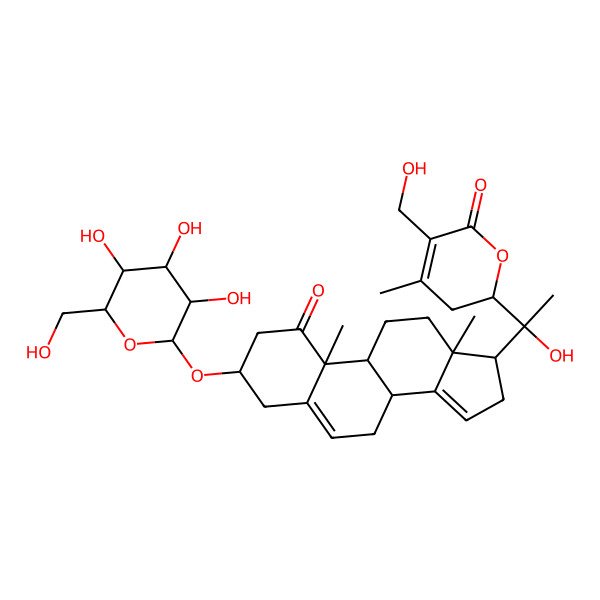 2D Structure of 2-[1-[10,13-Dimethyl-1-oxo-3-[3,4,5-trihydroxy-6-(hydroxymethyl)oxan-2-yl]oxy-2,3,4,7,8,9,11,12,16,17-decahydrocyclopenta[a]phenanthren-17-yl]-1-hydroxyethyl]-5-(hydroxymethyl)-4-methyl-2,3-dihydropyran-6-one
