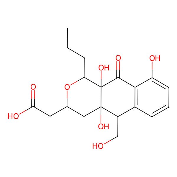 2D Structure of 2-[(1R,3S)-4a,9,10a-trihydroxy-5-(hydroxymethyl)-10-oxo-1-propyl-1,3,4,5-tetrahydrobenzo[g]isochromen-3-yl]acetic acid