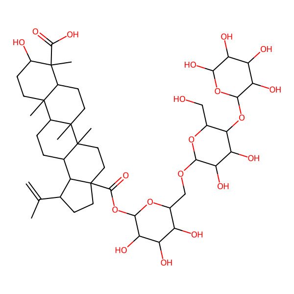 2D Structure of (1R,3aS,5aR,5bR,7aR,8R,9R,11aR,11bR,13aR,13bR)-3a-[(2S,3R,4S,5S,6R)-6-[[(2R,3R,4R,5S,6R)-3,4-dihydroxy-6-(hydroxymethyl)-5-[(2R,3R,4R,5R,6R)-3,4,5,6-tetrahydroxyoxan-2-yl]oxyoxan-2-yl]oxymethyl]-3,4,5-trihydroxyoxan-2-yl]oxycarbonyl-9-hydroxy-5a,5b,8,11a-tetramethyl-1-prop-1-en-2-yl-1,2,3,4,5,6,7,7a,9,10,11,11b,12,13,13a,13b-hexadecahydrocyclopenta[a]chrysene-8-carboxylic acid