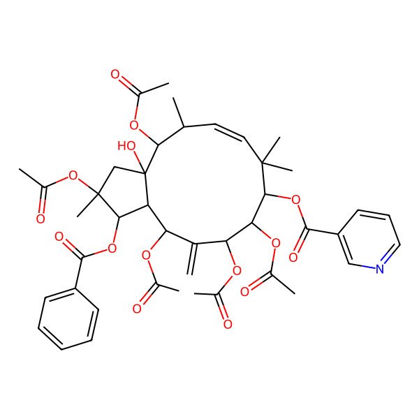 2D Structure of [(2R,3aR,13aS)-2,4,10,11,13-pentaacetyloxy-1-benzoyloxy-3a-hydroxy-2,5,8,8-tetramethyl-12-methylidene-3,4,5,9,10,11,13,13a-octahydro-1H-cyclopenta[12]annulen-9-yl] pyridine-3-carboxylate