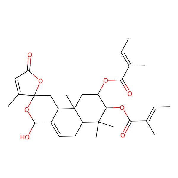 2D Structure of [(2R,4R,6aR,8S,9R,10aS,10bR)-4-hydroxy-3',7,7,10a-tetramethyl-8-[(Z)-2-methylbut-2-enoyl]oxy-5'-oxospiro[1,4,6,6a,8,9,10,10b-octahydrobenzo[f]isochromene-2,2'-furan]-9-yl] (Z)-2-methylbut-2-enoate