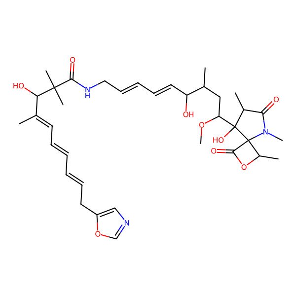 2D Structure of 3-hydroxy-N-[6-hydroxy-9-(8-hydroxy-1,5,7-trimethyl-3,6-dioxo-2-oxa-5-azaspiro[3.4]octan-8-yl)-9-methoxy-7-methylnona-2,4-dienyl]-2,2,4-trimethyl-10-(1,3-oxazol-5-yl)deca-4,6,8-trienamide