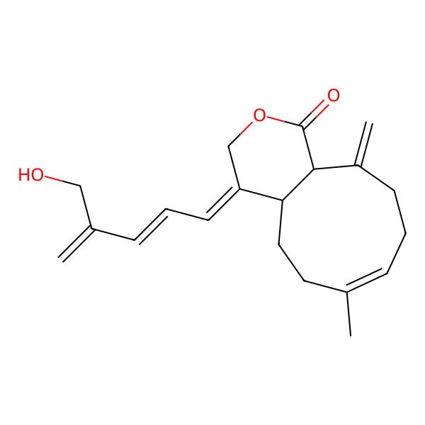 2D Structure of (4E,4aS,7E,11aR)-4-[(2E)-4-(hydroxymethyl)penta-2,4-dienylidene]-7-methyl-11-methylidene-4a,5,6,9,10,11a-hexahydrocyclonona[c]pyran-1-one