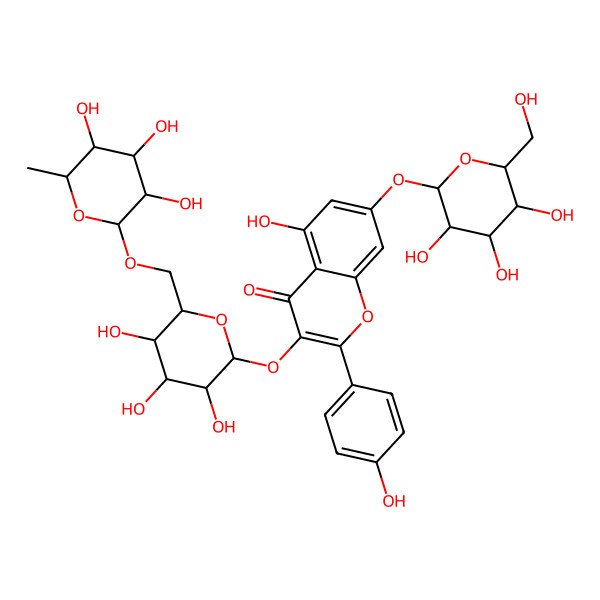 2D Structure of 5-hydroxy-2-(4-hydroxyphenyl)-7-[(2S,3R,4S,5S,6R)-3,4,5-trihydroxy-6-(hydroxymethyl)oxan-2-yl]oxy-3-[(2R,3S,4R,5S,6S)-3,4,5-trihydroxy-6-[[(2S,3S,4S,5S,6R)-3,4,5-trihydroxy-6-methyloxan-2-yl]oxymethyl]oxan-2-yl]oxychromen-4-one
