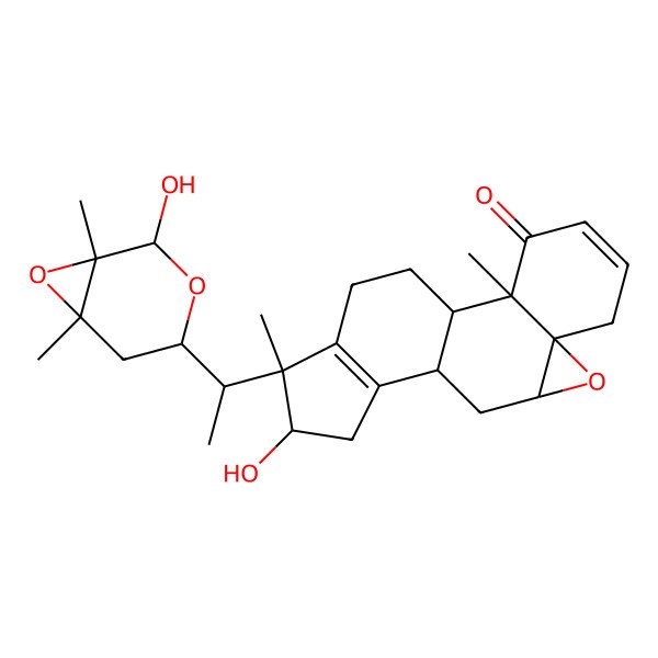 2D Structure of 14-Hydroxy-15-[1-(2-hydroxy-1,6-dimethyl-3,7-dioxabicyclo[4.1.0]heptan-4-yl)ethyl]-2,15-dimethyl-8-oxapentacyclo[9.7.0.02,7.07,9.012,16]octadeca-4,12(16)-dien-3-one