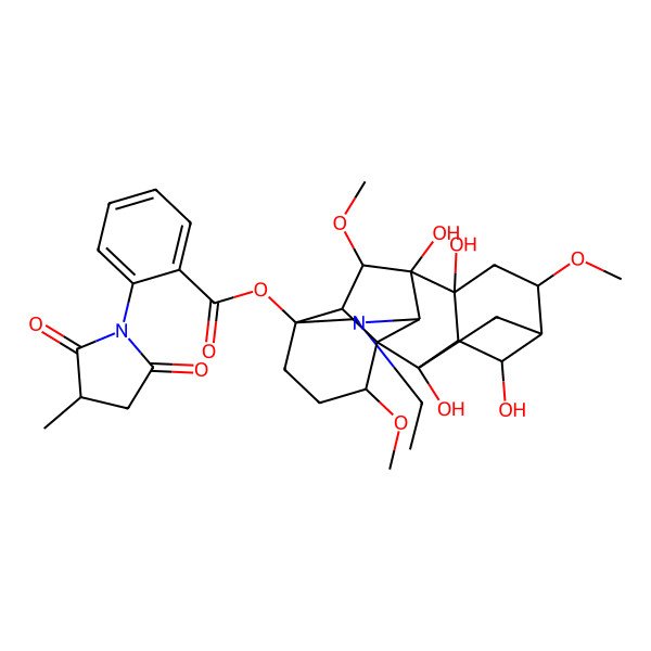 2D Structure of [(1R,2S,3S,4S,5S,6S,8R,9S,10S,13S,16S,17R,18S)-11-ethyl-2,4,8,9-tetrahydroxy-6,16,18-trimethoxy-11-azahexacyclo[7.7.2.12,5.01,10.03,8.013,17]nonadecan-13-yl] 2-[(3R)-3-methyl-2,5-dioxopyrrolidin-1-yl]benzoate