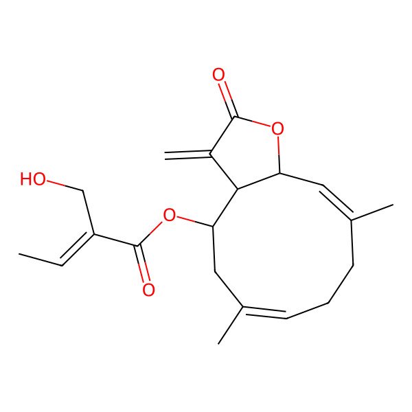 2D Structure of [(3aS,11aS)-6,10-dimethyl-3-methylidene-2-oxo-3a,4,5,8,9,11a-hexahydrocyclodeca[b]furan-4-yl] 2-(hydroxymethyl)but-2-enoate