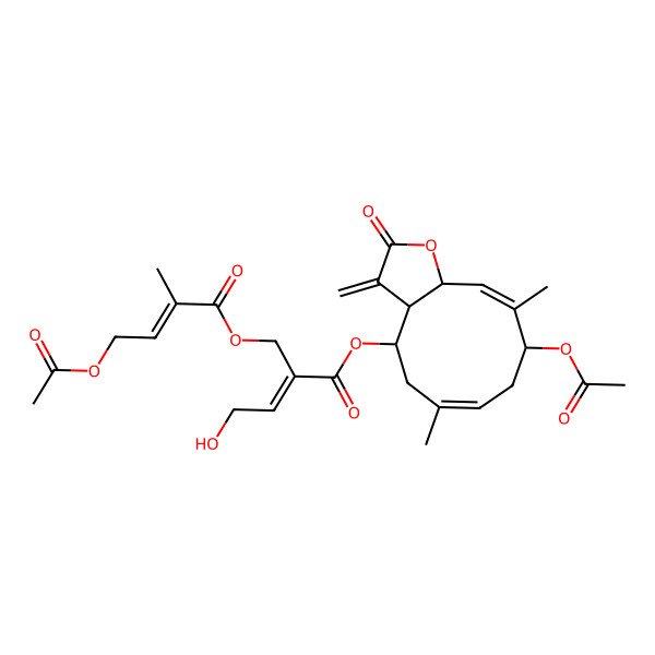 2D Structure of (9-Acetyloxy-6,10-dimethyl-3-methylidene-2-oxo-3a,4,5,8,9,11a-hexahydrocyclodeca[b]furan-4-yl) 2-[(4-acetyloxy-2-methylbut-2-enoyl)oxymethyl]-4-hydroxybut-2-enoate