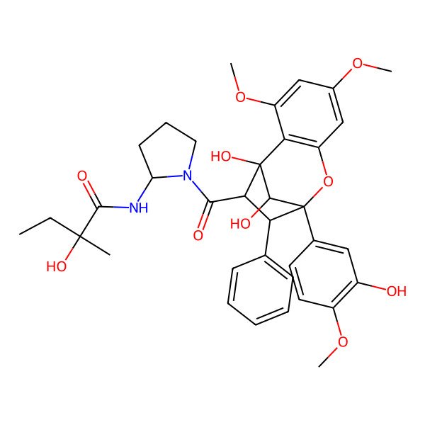 2D Structure of (2S)-N-[(2S)-1-[(1R,9R,10S,11R,12S)-1,12-dihydroxy-9-(3-hydroxy-4-methoxyphenyl)-3,5-dimethoxy-10-phenyl-8-oxatricyclo[7.2.1.02,7]dodeca-2(7),3,5-triene-11-carbonyl]pyrrolidin-2-yl]-2-hydroxy-2-methylbutanamide