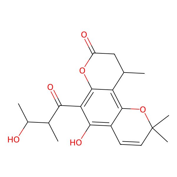 2D Structure of (10R)-5-hydroxy-6-[(2R,3S)-3-hydroxy-2-methylbutanoyl]-2,2,10-trimethyl-9,10-dihydropyrano[2,3-f]chromen-8-one