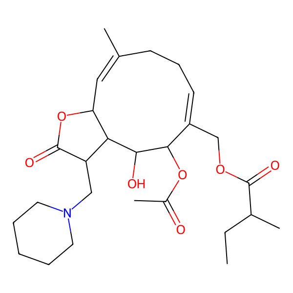 2D Structure of [5-acetyloxy-4-hydroxy-10-methyl-2-oxo-3-(piperidin-1-ylmethyl)-3a,4,5,8,9,11a-hexahydro-3H-cyclodeca[b]furan-6-yl]methyl 2-methylbutanoate