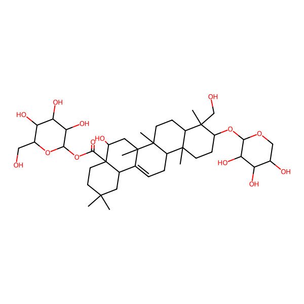 2D Structure of [(2S,3R,4S,5S,6R)-3,4,5-trihydroxy-6-(hydroxymethyl)oxan-2-yl] (4aR,5R,6aR,6aS,6bR,8aR,9R,10S,12aR,14bS)-5-hydroxy-9-(hydroxymethyl)-2,2,6a,6b,9,12a-hexamethyl-10-[(2S,3R,4S,5S)-3,4,5-trihydroxyoxan-2-yl]oxy-1,3,4,5,6,6a,7,8,8a,10,11,12,13,14b-tetradecahydropicene-4a-carboxylate