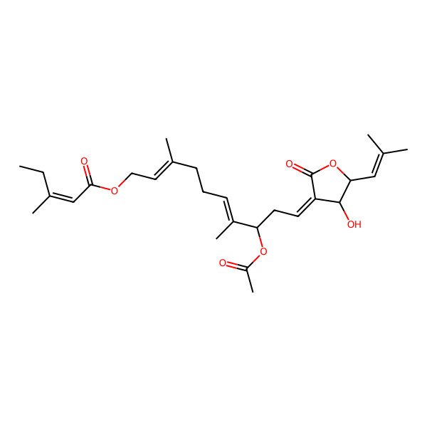 2D Structure of [(2Z,6E,8S,10E)-8-acetyloxy-10-[(4S,5R)-4-hydroxy-5-(2-methylprop-1-enyl)-2-oxooxolan-3-ylidene]-3,7-dimethyldeca-2,6-dienyl] (E)-3-methylpent-2-enoate