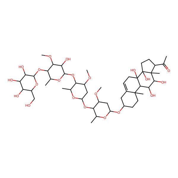 2D Structure of 1-[(3S,8S,9S,10R,11S,12S,13S,14R,17S)-8,11,12,14-tetrahydroxy-3-[(2R,4S,5R,6R)-5-[(2S,4S,5R,6R)-5-[(2S,3R,4S,5R,6R)-3-hydroxy-4-methoxy-6-methyl-5-[(2S,3R,4S,5S,6R)-3,4,5-trihydroxy-6-(hydroxymethyl)oxan-2-yl]oxyoxan-2-yl]oxy-4-methoxy-6-methyloxan-2-yl]oxy-4-methoxy-6-methyloxan-2-yl]oxy-10,13-dimethyl-2,3,4,7,9,11,12,15,16,17-decahydro-1H-cyclopenta[a]phenanthren-17-yl]ethanone