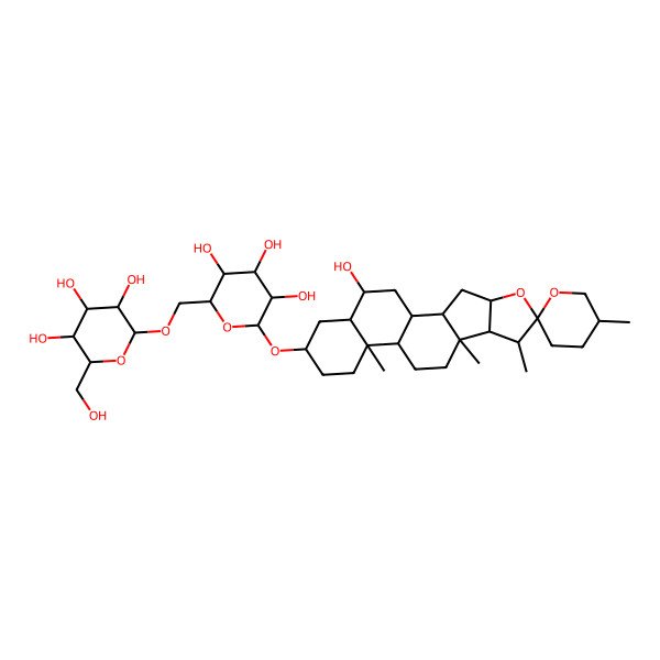 2D Structure of 2-(Hydroxymethyl)-6-[[3,4,5-trihydroxy-6-(19-hydroxy-5',7,9,13-tetramethylspiro[5-oxapentacyclo[10.8.0.02,9.04,8.013,18]icosane-6,2'-oxane]-16-yl)oxyoxan-2-yl]methoxy]oxane-3,4,5-triol