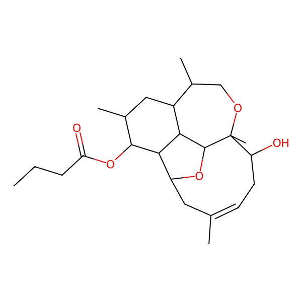 2D Structure of (12-Hydroxy-5,8,11,15-tetramethyl-10,18-dioxatetracyclo[9.7.0.02,7.03,17]octadec-14-en-4-yl) butanoate