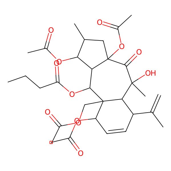 2D Structure of [(1S,2S,3aR,5S,5aR,6S,9R,9aR,10R,10aR)-1,3a,9-triacetyloxy-9a-(acetyloxymethyl)-5-hydroxy-2,5-dimethyl-4-oxo-6-prop-1-en-2-yl-1,2,3,5a,6,9,10,10a-octahydrobenzo[f]azulen-10-yl] butanoate