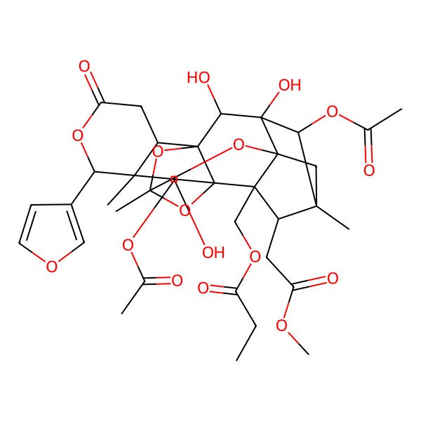 2D Structure of [(1R,2R,6S,7R,8R,9R,10R,12R,14R,15S,16S,17R,18S,19R,20R)-8,18-diacetyloxy-6-(furan-3-yl)-9,19,20-trihydroxy-16-(2-methoxy-2-oxoethyl)-7,12,17-trimethyl-4-oxo-5,11,13,21-tetraoxaheptacyclo[10.8.1.114,17.01,10.02,7.010,15.014,19]docosan-15-yl]methyl propanoate