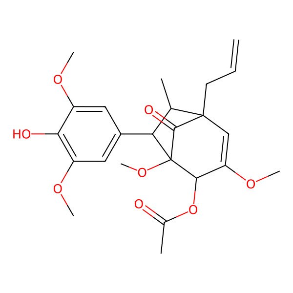 2D Structure of [7-(4-Hydroxy-3,5-dimethoxyphenyl)-1,3-dimethoxy-6-methyl-8-oxo-5-prop-2-enyl-2-bicyclo[3.2.1]oct-3-enyl] acetate