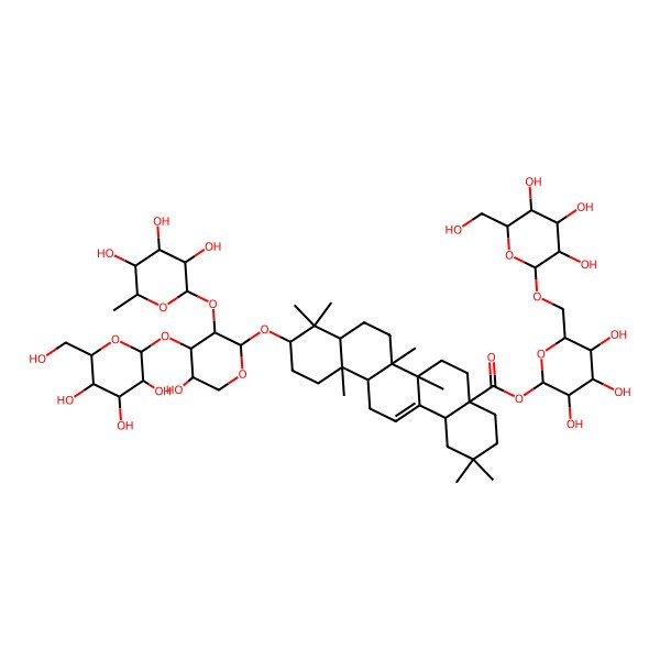 2D Structure of [3,4,5-Trihydroxy-6-[[3,4,5-trihydroxy-6-(hydroxymethyl)oxan-2-yl]oxymethyl]oxan-2-yl] 10-[5-hydroxy-4-[3,4,5-trihydroxy-6-(hydroxymethyl)oxan-2-yl]oxy-3-(3,4,5-trihydroxy-6-methyloxan-2-yl)oxyoxan-2-yl]oxy-2,2,6a,6b,9,9,12a-heptamethyl-1,3,4,5,6,6a,7,8,8a,10,11,12,13,14b-tetradecahydropicene-4a-carboxylate