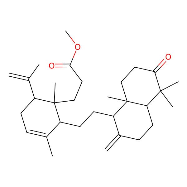 2D Structure of Methyl 3-[2-[2-(5,5,8a-trimethyl-2-methylidene-6-oxo-1,3,4,4a,7,8-hexahydronaphthalen-1-yl)ethyl]-1,3-dimethyl-6-prop-1-en-2-ylcyclohex-3-en-1-yl]propanoate