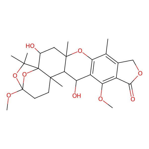 2D Structure of 2,15-Dihydroxy-13,20-dimethoxy-4,7,17,22,22-pentamethyl-5,10,21,23-tetraoxahexacyclo[18.2.1.01,17.04,16.06,14.08,12]tricosa-6(14),7,12-trien-11-one
