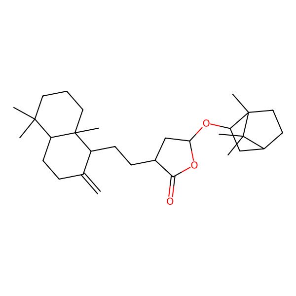 2D Structure of 3-[2-(5,5,8a-trimethyl-2-methylidene-3,4,4a,6,7,8-hexahydro-1H-naphthalen-1-yl)ethyl]-5-[(1,7,7-trimethyl-2-bicyclo[2.2.1]heptanyl)oxy]oxolan-2-one