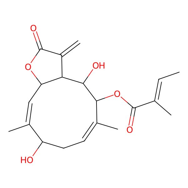 2D Structure of (4,9-Dihydroxy-6,10-dimethyl-3-methylidene-2-oxo-3a,4,5,8,9,11a-hexahydrocyclodeca[b]furan-5-yl) 2-methylbut-2-enoate