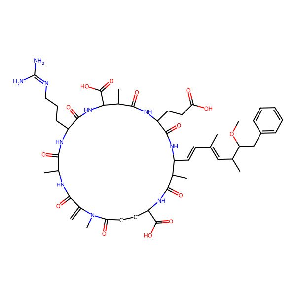 2D Structure of (5R,8S,11R,12S,15S,18S,19S,22R)-15-(2-carboxyethyl)-8-[3-(diaminomethylideneamino)propyl]-18-[(1E,3E,5S,6S)-6-methoxy-3,5-dimethyl-7-phenylhepta-1,3-dienyl]-1,5,12,19-tetramethyl-2-methylidene-3,6,9,13,16,20,25-heptaoxo-1,4,7,10,14,17,21-heptazacyclopentacosane-11,22-dicarboxylic acid