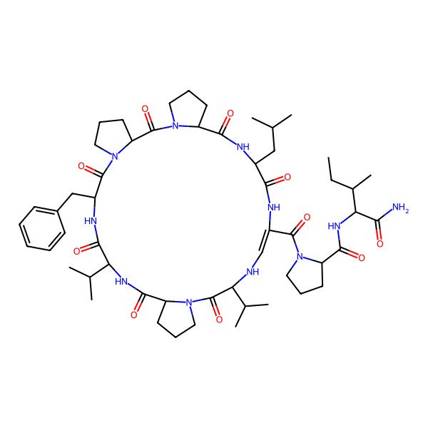 2D Structure of (2S)-N-[(2S,3S)-1-amino-3-methyl-1-oxopentan-2-yl]-1-[(3S,9S,12R,15S,21S,23Z,27S,30S)-9-benzyl-27-(2-methylpropyl)-2,8,11,14,20,26,29-heptaoxo-12,21-di(propan-2-yl)-1,7,10,13,19,22,25,28-octazatetracyclo[28.3.0.03,7.015,19]tritriacont-23-ene-24-carbonyl]pyrrolidine-2-carboxamide