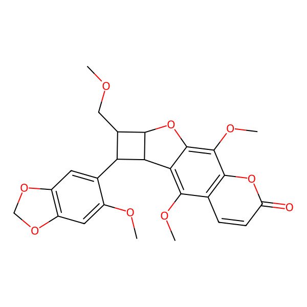 2D Structure of (11R,12R,13R,14S)-2,9-dimethoxy-12-(6-methoxy-1,3-benzodioxol-5-yl)-13-(methoxymethyl)-4,15-dioxatetracyclo[8.5.0.03,8.011,14]pentadeca-1,3(8),6,9-tetraen-5-one