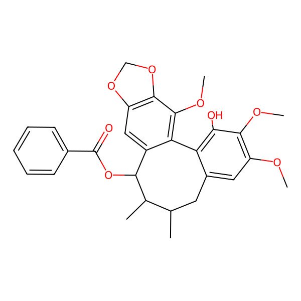 2D Structure of (3-Hydroxy-4,5,19-trimethoxy-9,10-dimethyl-15,17-dioxatetracyclo[10.7.0.02,7.014,18]nonadeca-1(19),2,4,6,12,14(18)-hexaen-11-yl) benzoate