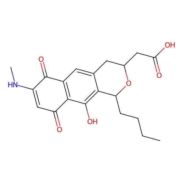 2D Structure of 2-[(1R,3R)-1-butyl-10-hydroxy-7-(methylamino)-6,9-dioxo-3,4-dihydro-1H-benzo[g]isochromen-3-yl]acetic acid