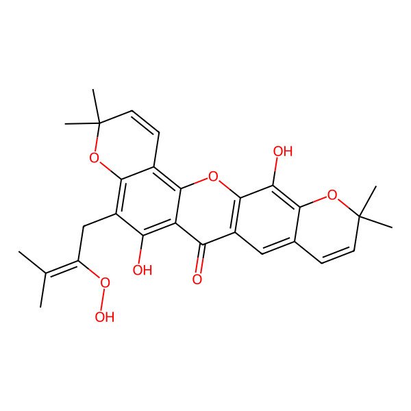 2D Structure of 10-(2-Hydroperoxy-3-methylbut-2-enyl)-11,22-dihydroxy-7,7,19,19-tetramethyl-2,8,20-trioxapentacyclo[12.8.0.03,12.04,9.016,21]docosa-1(14),3,5,9,11,15,17,21-octaen-13-one