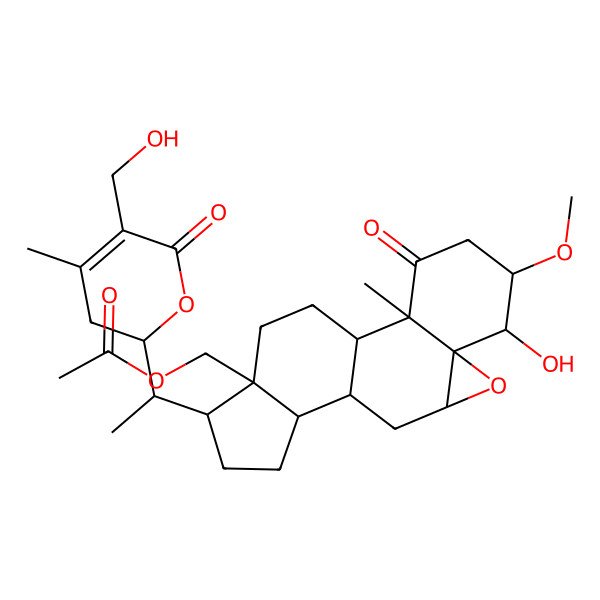 2D Structure of [6-Hydroxy-15-[1-[5-(hydroxymethyl)-4-methyl-6-oxo-2,3-dihydropyran-2-yl]ethyl]-5-methoxy-2-methyl-3-oxo-8-oxapentacyclo[9.7.0.02,7.07,9.012,16]octadecan-16-yl]methyl acetate
