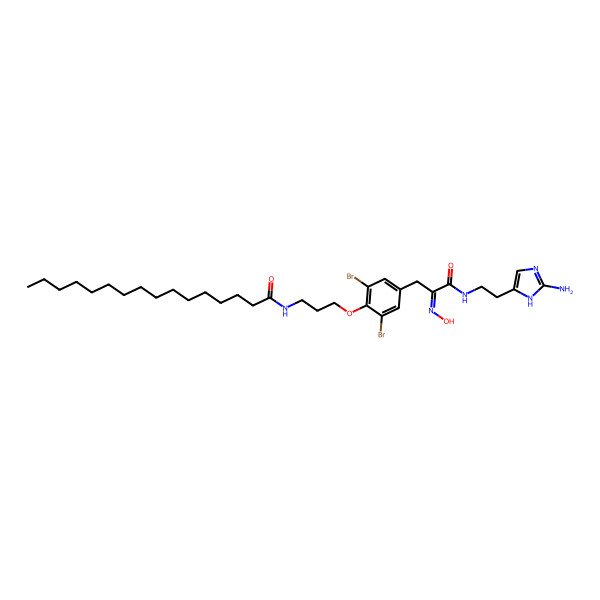 2D Structure of N-[3-[4-[(2E)-3-[2-(2-amino-1H-imidazol-5-yl)ethylamino]-2-hydroxyimino-3-oxopropyl]-2,6-dibromophenoxy]propyl]hexadecanamide