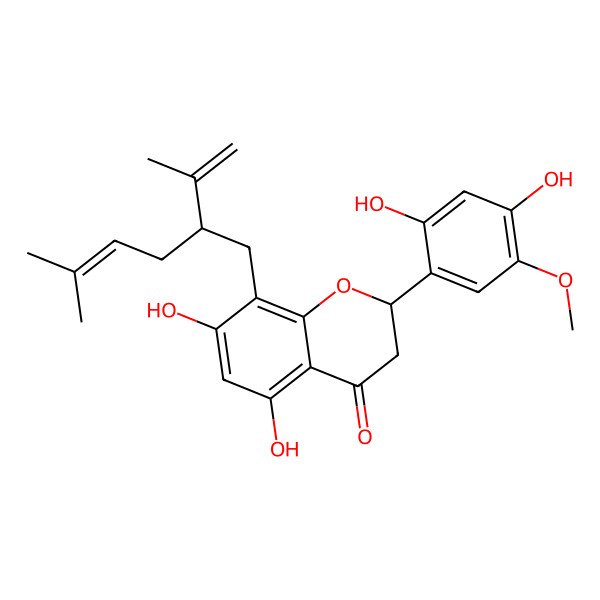 2D Structure of 2-(2,4-Dihydroxy-5-methoxyphenyl)-5,7-dihydroxy-8-(5-methyl-2-prop-1-en-2-ylhex-4-enyl)-2,3-dihydrochromen-4-one
