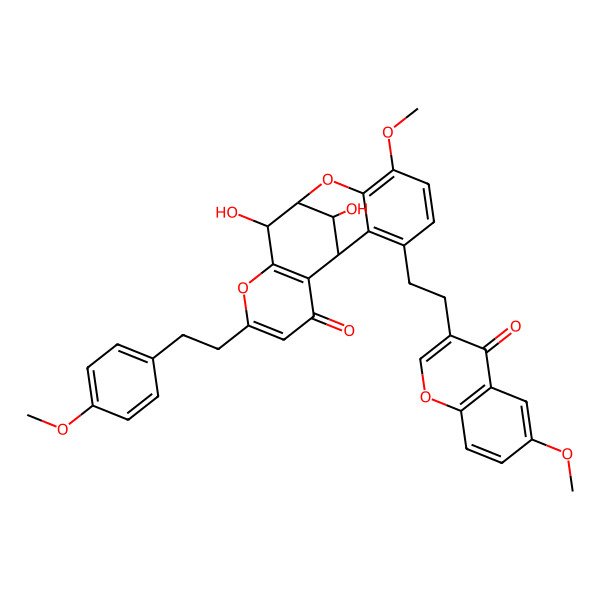 2D Structure of (1S,8R,9S,17R)-8,17-dihydroxy-12-methoxy-15-[2-(6-methoxy-4-oxochromen-3-yl)ethyl]-5-[2-(4-methoxyphenyl)ethyl]-6,10-dioxatetracyclo[7.7.1.02,7.011,16]heptadeca-2(7),4,11,13,15-pentaen-3-one