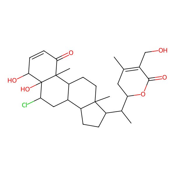 2D Structure of (2S)-2-[(1S)-1-[(4S,5R,6S,8S,9S,10R,13S,14S,17R)-6-chloro-4,5-dihydroxy-10,13-dimethyl-1-oxo-6,7,8,9,11,12,14,15,16,17-decahydro-4H-cyclopenta[a]phenanthren-17-yl]ethyl]-5-(hydroxymethyl)-4-methyl-2,3-dihydropyran-6-one