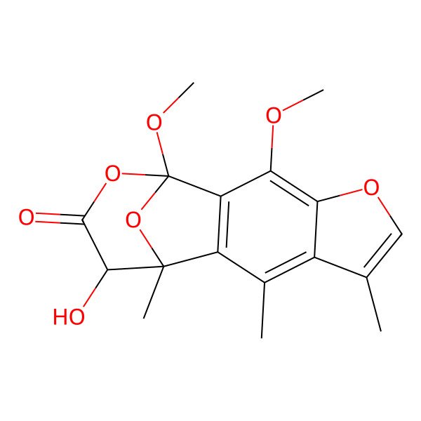 2D Structure of 12-Hydroxy-1,3-dimethoxy-7,9,11-trimethyl-5,14,15-trioxatetracyclo[9.3.1.02,10.04,8]pentadeca-2(10),3,6,8-tetraen-13-one