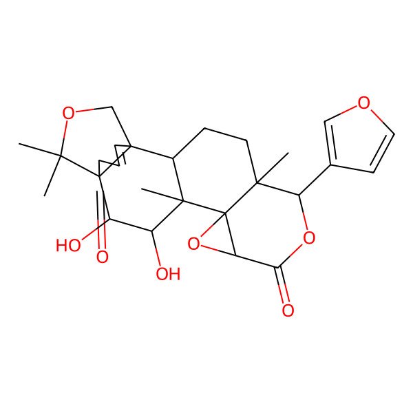 2D Structure of 6-(Furan-3-yl)-13,14-dihydroxy-5,12,16,16-tetramethyl-7,10,17-trioxahexacyclo[13.3.3.01,15.02,12.05,11.09,11]henicos-19-ene-8,21-dione