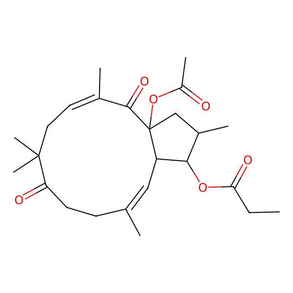 2D Structure of (3a-acetyloxy-2,5,8,8,12-pentamethyl-4,9-dioxo-2,3,7,10,11,13a-hexahydro-1H-cyclopenta[12]annulen-1-yl) propanoate
