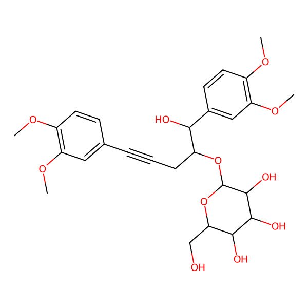 2D Structure of (2R,3R,4S,5S,6R)-2-[(1R,2R)-1,5-bis(3,4-dimethoxyphenyl)-1-hydroxypent-4-yn-2-yl]oxy-6-(hydroxymethyl)oxane-3,4,5-triol