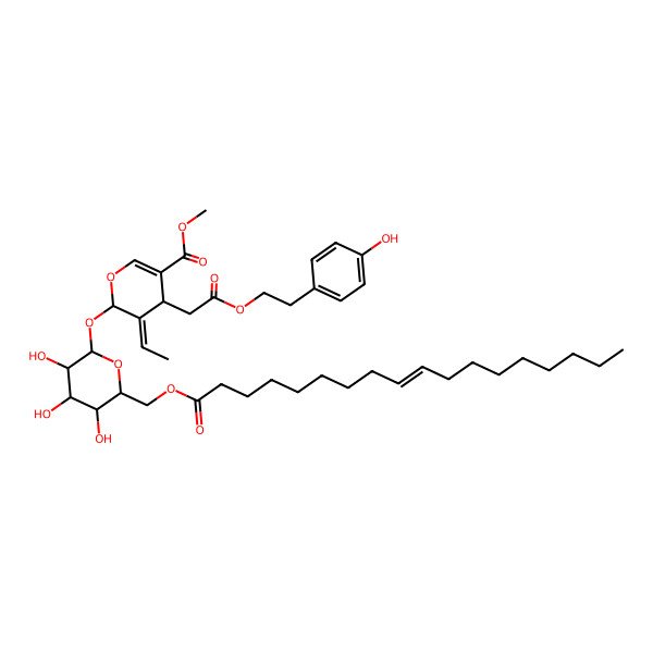 2D Structure of methyl (4S,5E,6S)-5-ethylidene-4-[2-[2-(4-hydroxyphenyl)ethoxy]-2-oxoethyl]-6-[(2S,3R,4S,5S,6R)-3,4,5-trihydroxy-6-[[(E)-octadec-9-enoyl]oxymethyl]oxan-2-yl]oxy-4H-pyran-3-carboxylate