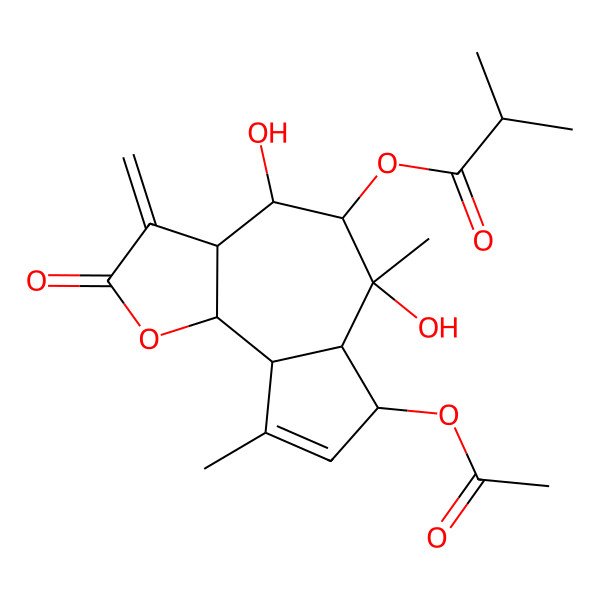 2D Structure of (7-acetyloxy-4,6-dihydroxy-6,9-dimethyl-3-methylidene-2-oxo-4,5,6a,7,9a,9b-hexahydro-3aH-azuleno[4,5-b]furan-5-yl) 2-methylpropanoate
