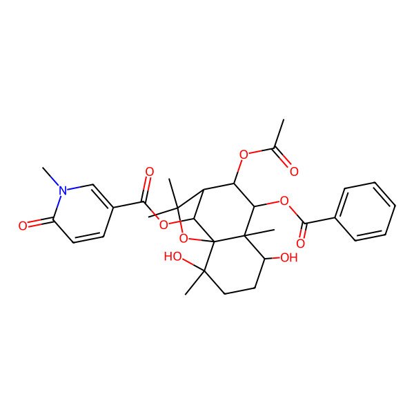 2D Structure of (8-Acetyloxy-7-benzoyloxy-2,5-dihydroxy-2,6,10,10-tetramethyl-11-oxatricyclo[7.2.1.01,6]dodecan-12-yl) 1-methyl-6-oxopyridine-3-carboxylate