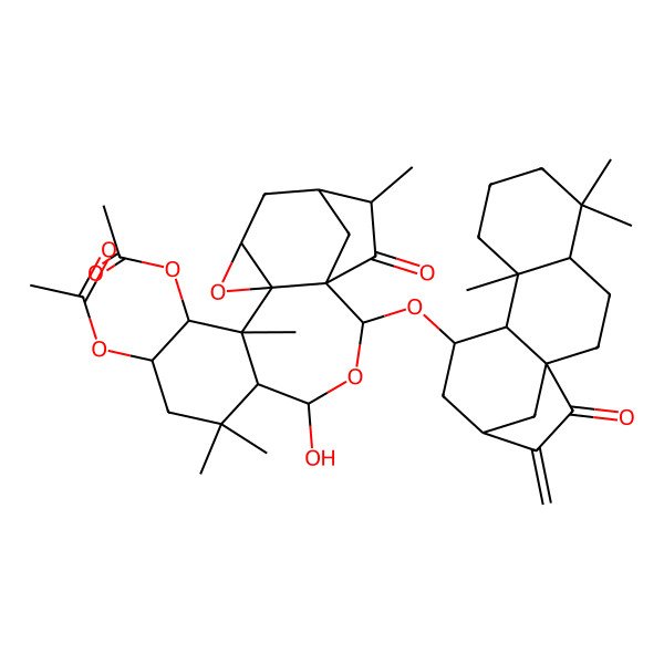 2D Structure of [9-Acetyloxy-4-hydroxy-6,6,10,16-tetramethyl-17-oxo-2-[(5,5,9-trimethyl-14-methylidene-15-oxo-11-tetracyclo[11.2.1.01,10.04,9]hexadecanyl)oxy]-3,12-dioxapentacyclo[13.2.1.01,11.05,10.011,13]octadecan-8-yl] acetate