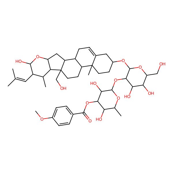 2D Structure of [2-[4,5-Dihydroxy-2-[[6-hydroxy-10-(hydroxymethyl)-8,14-dimethyl-7-(2-methylprop-1-enyl)-5-oxapentacyclo[11.8.0.02,10.04,9.014,19]henicos-19-en-17-yl]oxy]-6-(hydroxymethyl)oxan-3-yl]oxy-3,5-dihydroxy-6-methyloxan-4-yl] 4-methoxybenzoate
